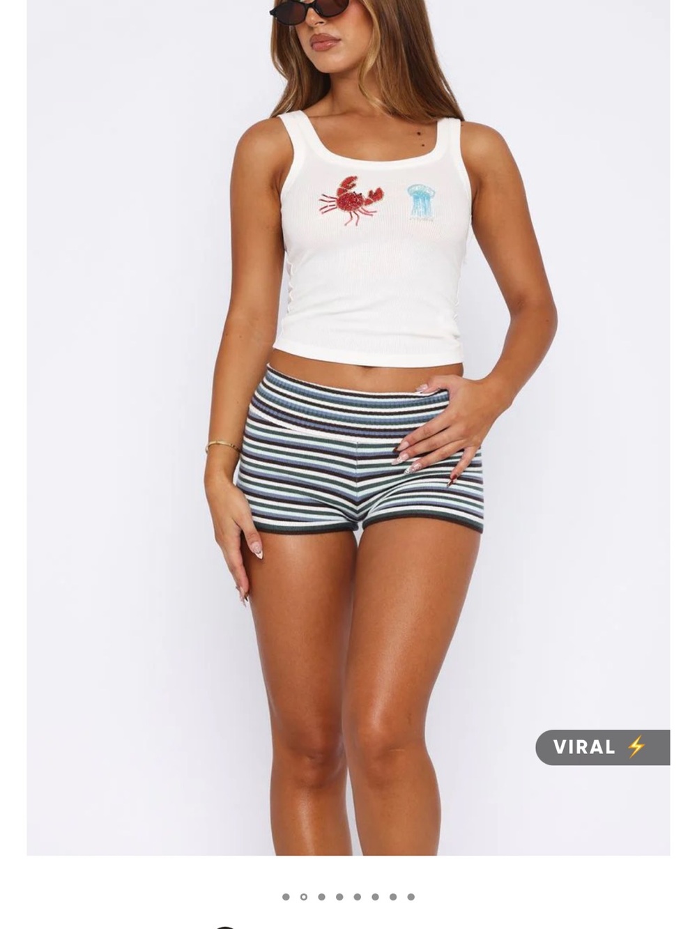 White Ribbed Tank Crop Top with Red Crab & Blue Jellyfish Embroidery